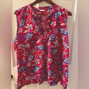 Talbots raspberry pink, blue and white split V scoop neck blouse tank top XL